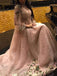 Charming A Line Long Sleeves Tulle Pearl Pink Prom Dress with Flowers, Beads Dance Dress OM0241