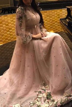 Charming A Line Long Sleeves Tulle Pearl Pink Prom Dress with Flowers, Beads Dance Dress OM0241