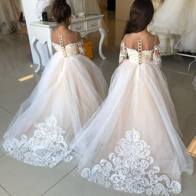 Princess A-Line Long Sleeves Tulle Lace Flower Girl Dresses with Bowknot, Child Dresses OMF0001