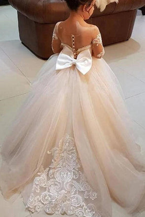 Princess A-Line Long Sleeves Tulle Lace Flower Girl Dresses with Bowknot, Child Dresses OMF0001