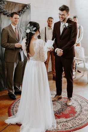 Round Neck A line Lace Long Sleeves Chiffon Wedding Dresses with Backless OW0023