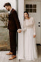 Round Neck A line Lace Long Sleeves Chiffon Wedding Dresses with Backless OW0023