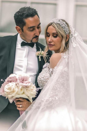 Vintage Ivory Ball Gown Satin Long Sleeves Wedding Dress With Beading, Bridal Dress OW0107