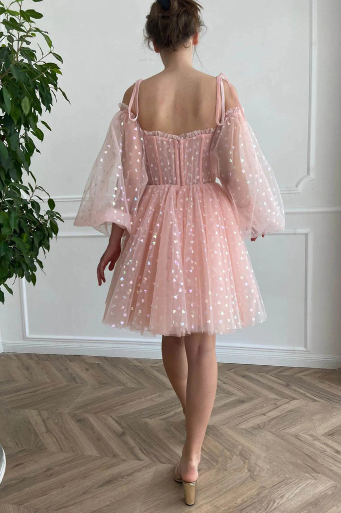 A Line Sweetheart Long Sleeves Pink Short Homecoming Dresses, Sweet 16 Dresses OMH0107
