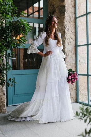 Rustic A line Long Sleeves Ivory Lace Layers Beach Wedding Dresses, Wedding Gowns OW0034