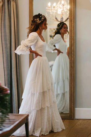 Rustic A line Long Sleeves Ivory Lace Layers Beach Wedding Dresses, Wedding Gowns OW0034
