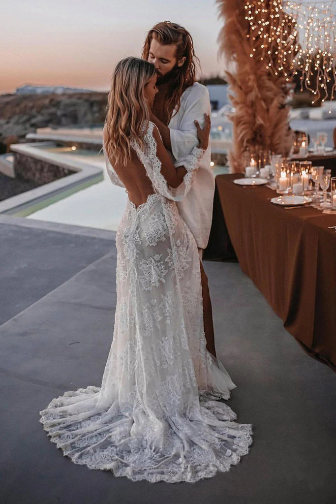 Chic A Line Lace Ivory See Through Long Sleeve Wedding Dresses, Backless Beach Bridal Gown OW0042