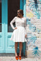 A Line Ivory Long Sleeves Round Neck Lace Wedding Dress, Backless Homecoming Dress OMH0217