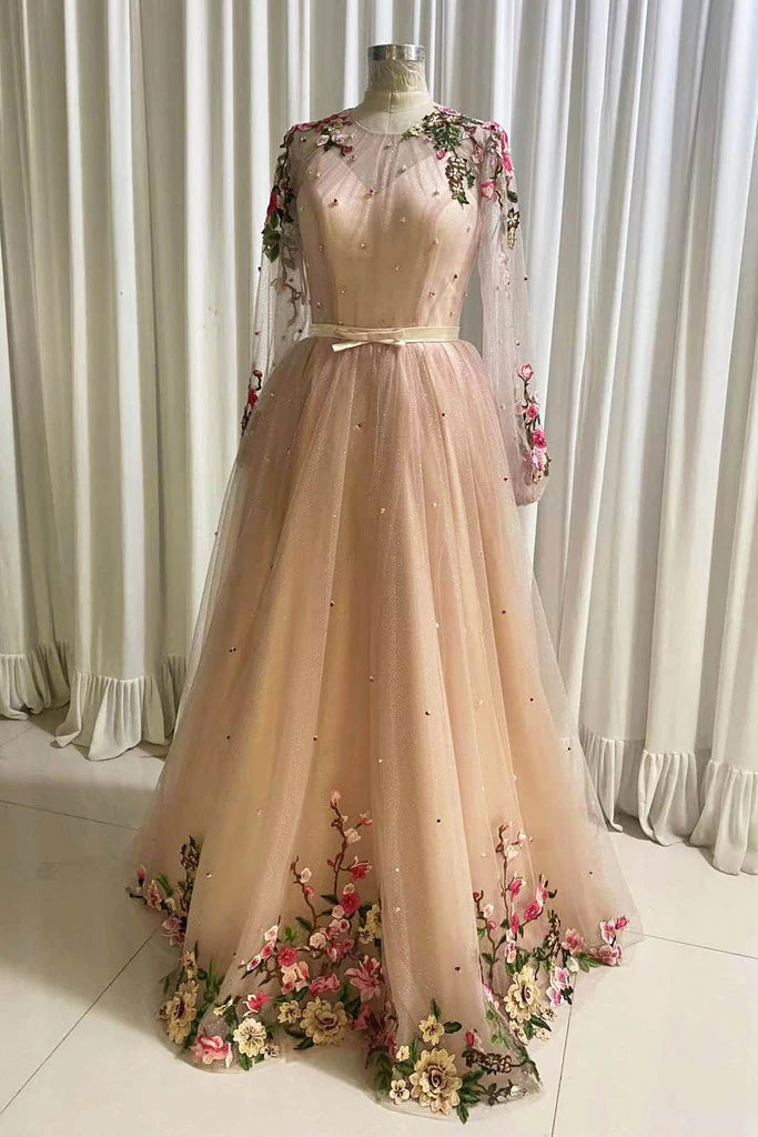 Elegant A line Tulle Pink Party Dress with Flowers, Long Sleeves Prom Dress trendtydresses Elegant A line Tulle Pink Party Dress with Flowers, Long Sleeves Prom Dress trendtydresses