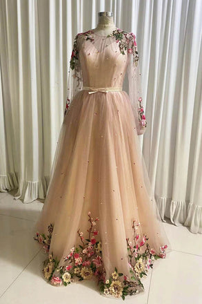 Elegant A line Tulle Pink Long Party Dresses with Flowers, Long Sleeves Prom Dresses OM0242