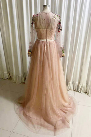 Elegant A line Tulle Pink Long Party Dresses with Flowers, Long Sleeves Prom Dresses OM0242