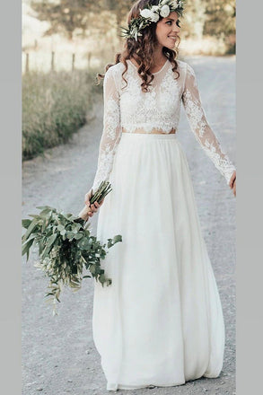 Elegant A line Long Sleeves Ivory Two Pieces Lace Chiffon Beach Wedding Dresses OW0028