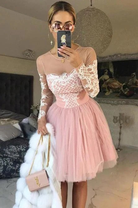 A Line Long Sleeves Pink Tulle Homecoming Dresses Cocktail Dresses with Appliques OMH0079