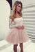 A Line Long Sleeves Pink Tulle Homecoming Dresses Cocktail Dresses with Appliques OMH0079