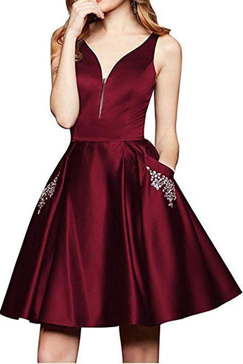 Maroon Short A Line Beading Homecoming Dresses with Pocket PDO12