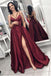Maroon Spaghetti Straps Side Slit Long A Line Elegant Evening Prom Dresses PDI58