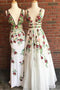 Cheap V Neck Prom Dresses Floor Length Formal Party Dress with Appliques PDJ2