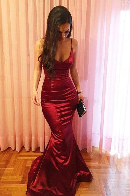 Sexy Spaghetti Straps Mermaid Burgundy Scoop Long Party Dresses, Prom Dresses OM0200