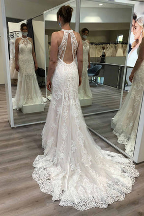 Halter Mermaid Lace Appliques Wedding Dresses, Sleeveless Open Back Bridal Gown OW0065