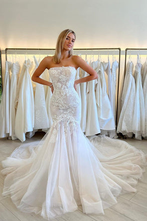 Charming Mermaid Ivory Strapless Tulle Wedding Dresses With Appliques, Bridal Gowns OW0133