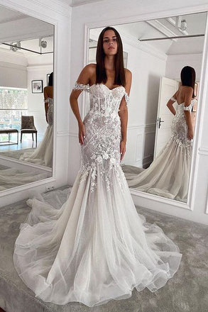 Elegant Off the Shoulder Mermaid Sweetheart Lace Tulle Ivory Wedding Dresses OW0025