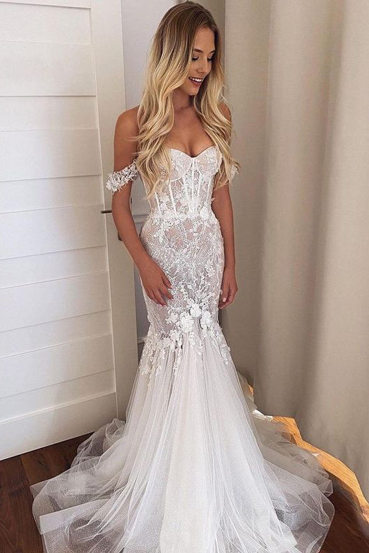 Elegant Off the Shoulder Mermaid Sweetheart Lace Tulle Ivory Wedding Dresses trendtydresses Elegant Off the Shoulder Mermaid Sweetheart Lace Tulle Ivory Wedding Dresses trendtydresses