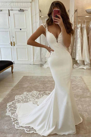 Charming Cap Sleeves V Neck Mermaid Ivory Wedding Dress Sleeveless With Lace OW0064
