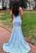 Mermaid Lace Light Blue V Neck Backless Long Prom Dress, Evening Formal Dress OM0294