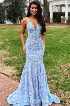 Mermaid Lace Light Blue V Neck Backless Long Prom Dress, Evening Formal Dress OM0294