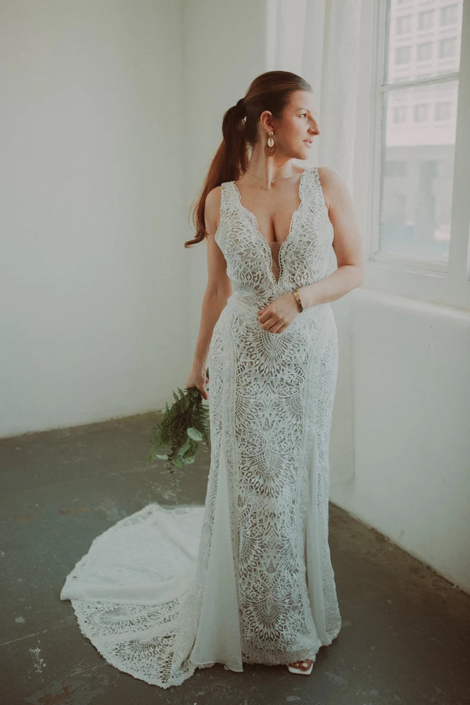 Elegant Lace Floral Mermaid Ivory Open Back Wedding Dresses, Boho Bridal Dresses OW0059