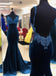 Mermaid Navy Blue V Neck Straps Lace Backless Prom Dresses, Formal Dresses OM0248