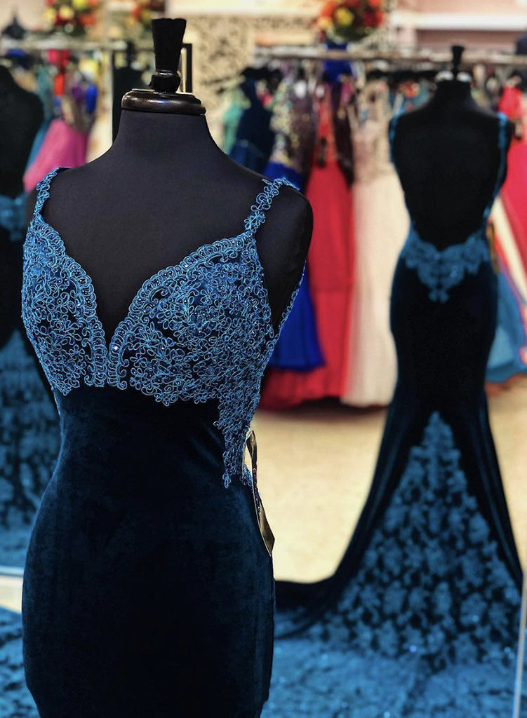 Mermaid Navy Blue V Neck Straps Lace Backless Prom Dresses, Formal Dresses OM0248