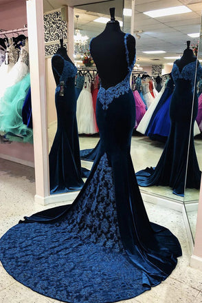 Mermaid Navy Blue V Neck Straps Lace Backless Prom Dresses, Formal Dresses OM0248