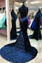 Mermaid Navy Blue V Neck Straps Lace Backless Prom Dresses, Formal Dresses OM0248