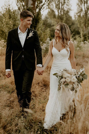 Rustic Mermaid Lace Spaghetti Straps V Neck Wedding Gowns, Long Wedding Dresses OW0105