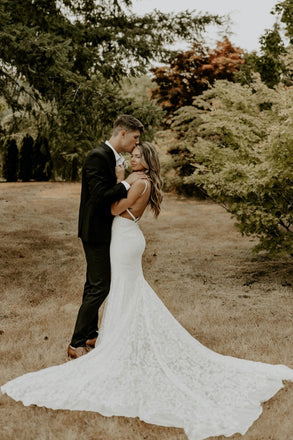 Rustic Mermaid Lace Spaghetti Straps V Neck Wedding Gowns, Long Wedding Dresses OW0105