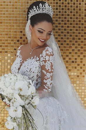 Vintage Long Sleeves Mermaid Lace Beads Wedding Dresses, Ivory Bridal Dresses OW0024