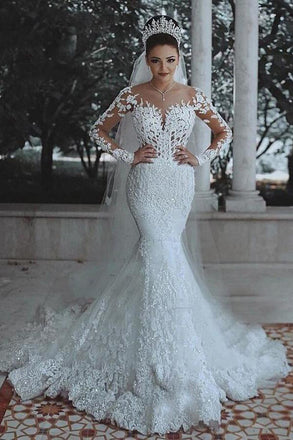 Vintage Long Sleeves Mermaid Lace Beads Wedding Dresses, Ivory Bridal Dresses OW0024