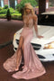 Dusty Pink Long Sleeves Mermaid Lace Appliques Sequins Prom Dress with High Slit OM0293