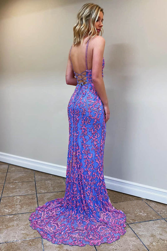 Sheath A Line Spaghetti Straps Sequins Appliques Blue V neck Prom Evening Dresses OM0073