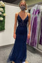 Royal Blue Mermaid V Neck Tulle Spaghetti Straps Long Prom Dresses, Evening Dresses OM0176