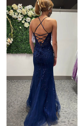 Royal Blue Mermaid V Neck Tulle Spaghetti Straps Long Prom Dresses, Evening Dresses OM0176