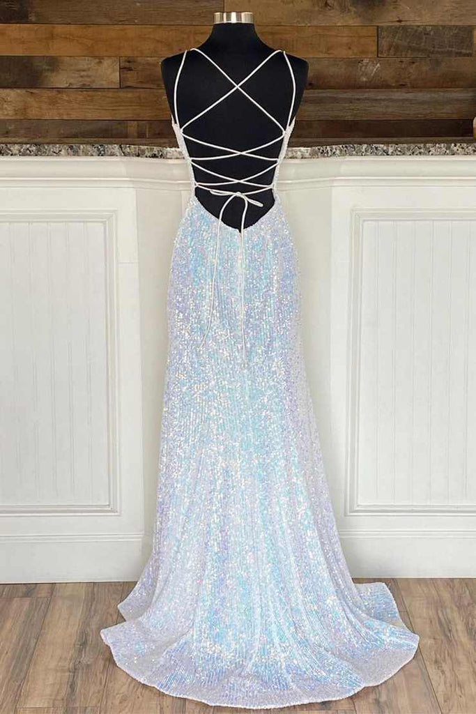 Shiny Mermaid Sequins V neck Long Prom Dresses, White Sleeveless Evening Dresses OM0246