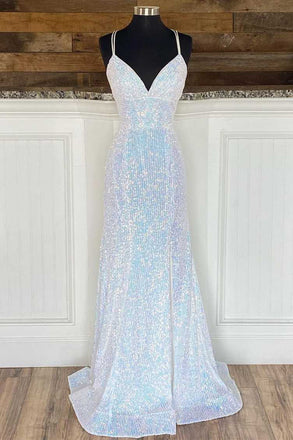Shiny Mermaid Sequins V neck Long Prom Dresses, White Sleeveless Evening Dresses OM0246