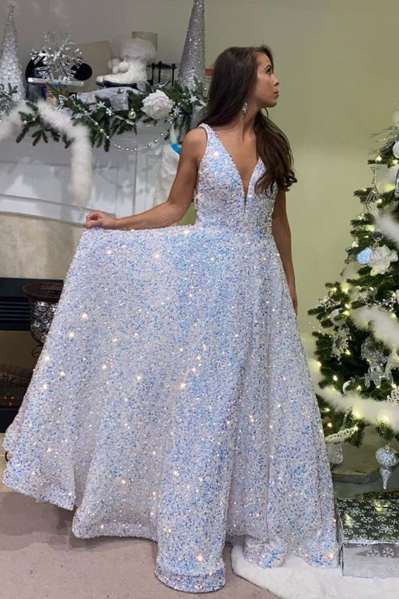 Glitter A line White Sequins Long Prom Dresses, Shiny Dance Dresses OM trendtydresses Glitter A line White Sequins Long Prom Dresses, Shiny Dance Dresses OM trendtydresses