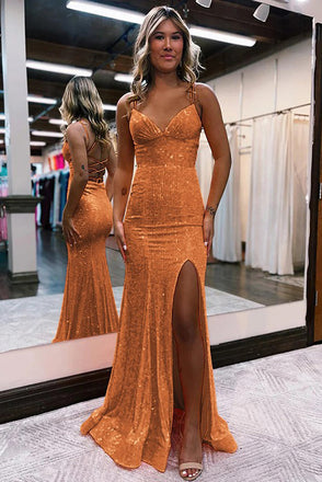 Sparkly Mermaid V Neck Spaghetti Straps Long Prom Dress With Slit, Evening Gowns OM0352