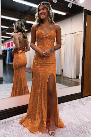 Sparkly Mermaid V Neck Spaghetti Straps Long Prom Dress With Slit, Evening Gowns OM0352