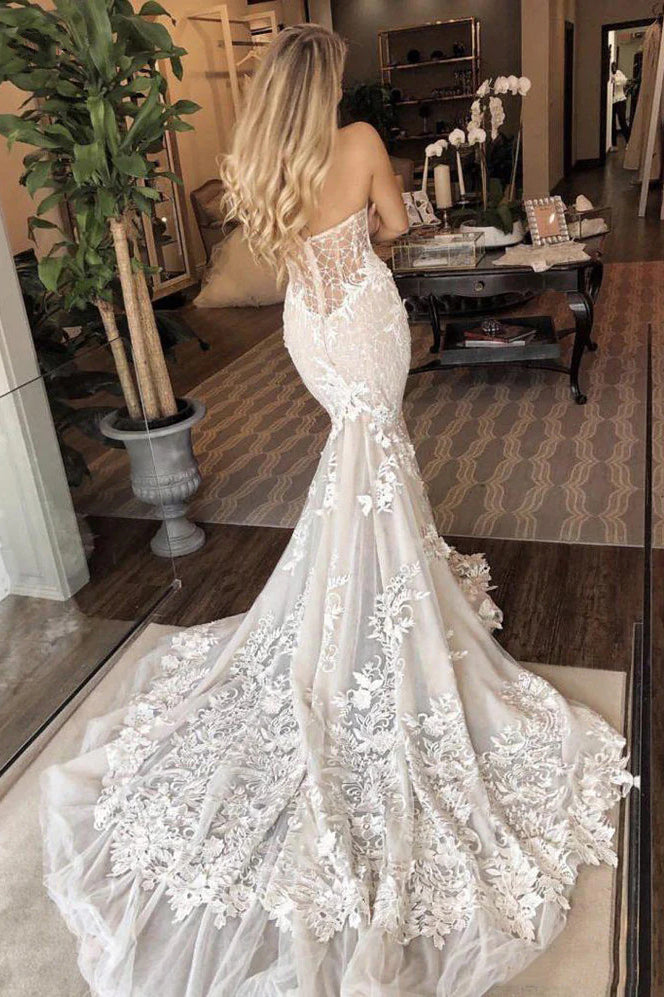Charming Mermaid Ivory Lace Appliques Strapless Wedding Dresses, Bridal Dresses OW0055