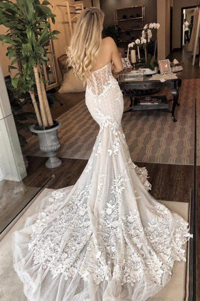 Charming Mermaid Ivory Lace Appliques Strapless Wedding Dresses, Bridal Dresses OW0055