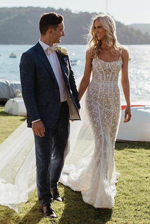 Charming Lace Spaghetti Straps Mermaid Backless Wedding Dresses, Boho Bridal Dresses OW0015